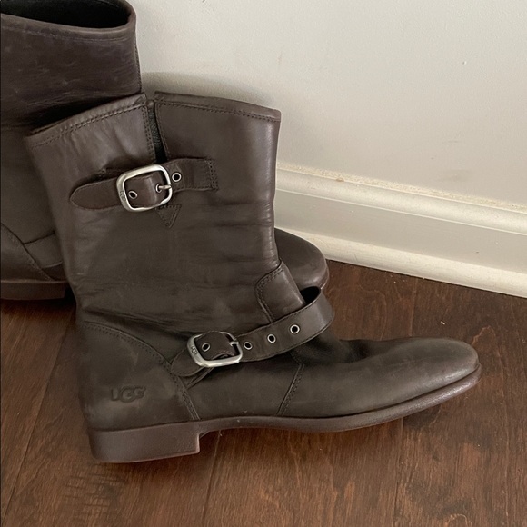 UGG Australia Frances Buckle Moto-Style Boots Women Size 7.5 Dark Brown Leather - Picture 2 of 14